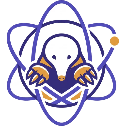 The Periodic Mole logo: a mole at the center of an atom's orbits.